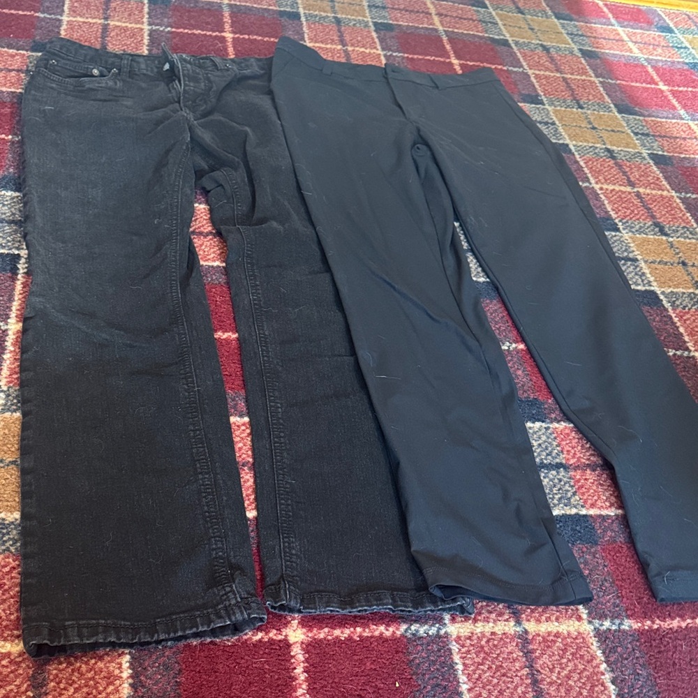 2 pairs of black men’s pants. Size 30X34. 1st is jeans 2nd is golf/dress pants.